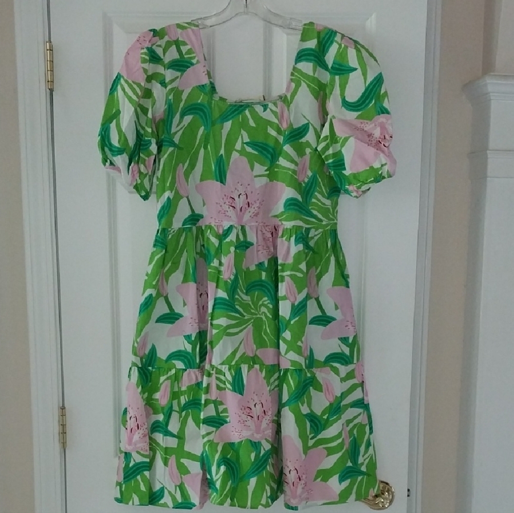 Green and Pink Ruffled Sundress with Puff Sleeves